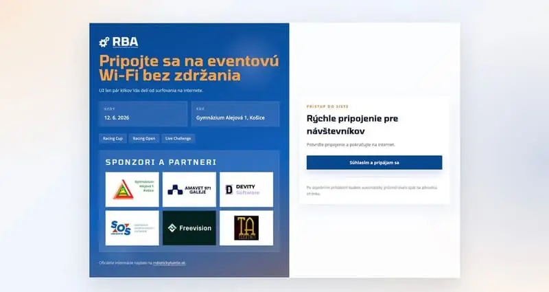 Prihlasovacia stránka eventovej Wi-Fi so sekciou sponzorov a partnerov